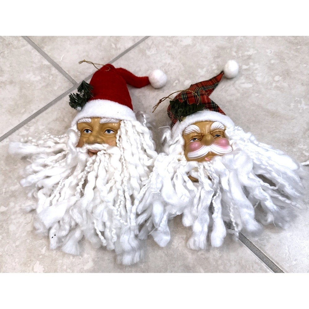 Greenbrier International Santa Claus Head Ornaments Set of 2 Red Plaid 11 inch
